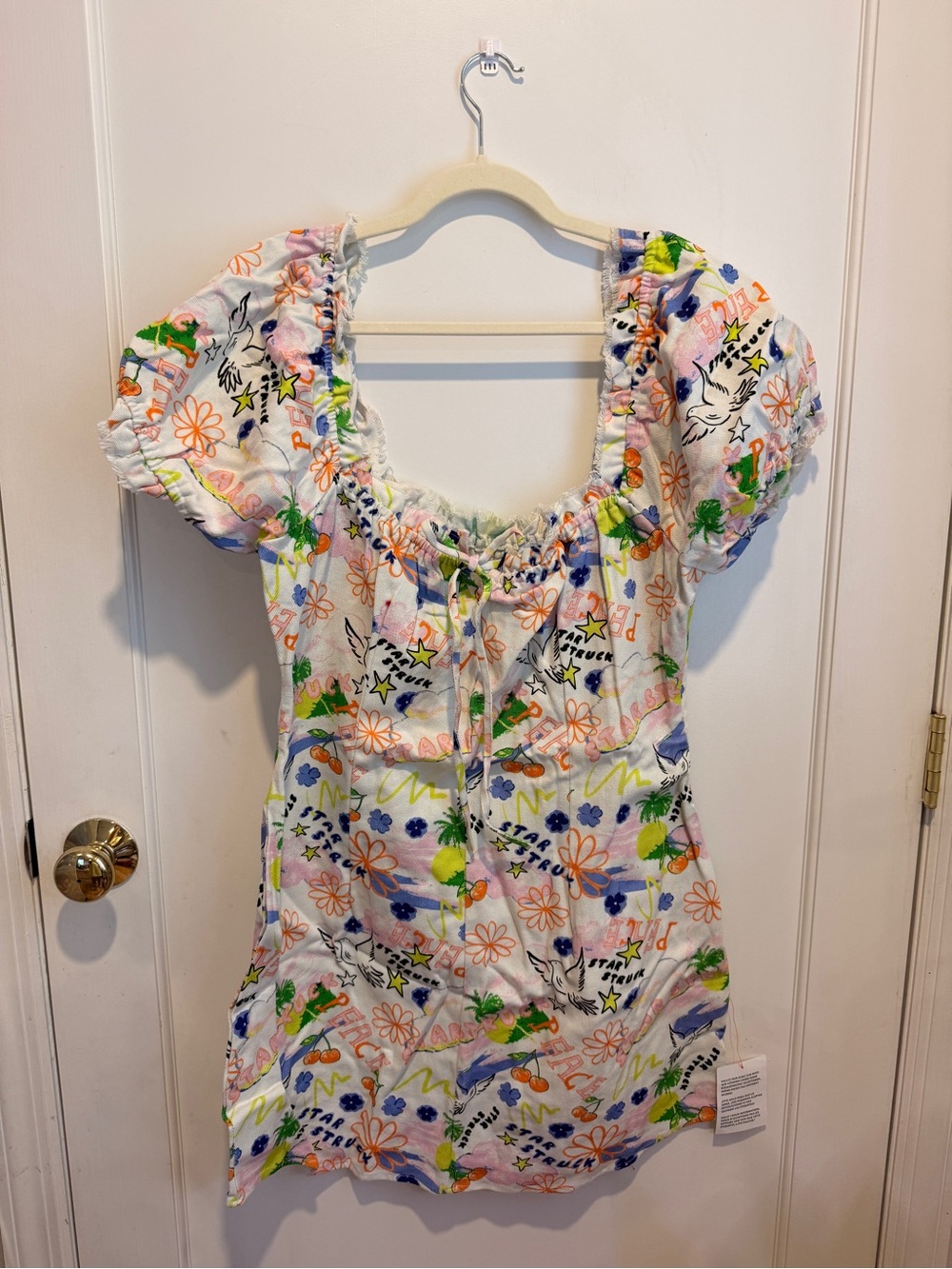 ASOS White Denim Mini Dress with Multicolor Floral & Graphic Print